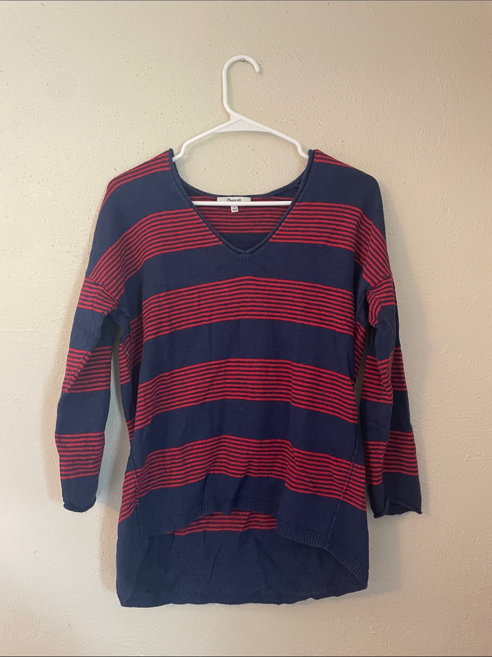 Madewell Navy and Red Striped V-Neck Long Sleeve Top